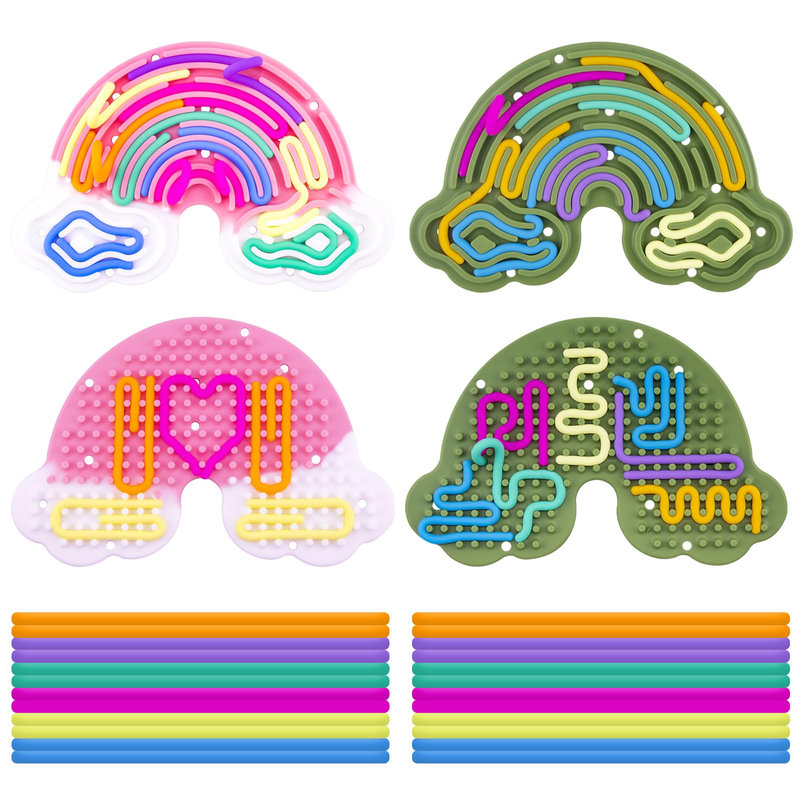 BMSQOFD 2 Pcs Sensory Activity Board Silicone Fidget Toy,Double Sided Rainbow Sensory Toys for Autism Stress, Anxiety,ADHD,Kids Toddler Boys Girls 3+Adults with Travel Bag 24 Strings (Green&Pink)