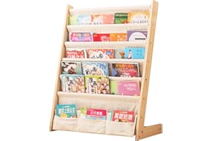 CHUBANCRAFT Wooden Bookshelf for Kids Wood Bookrack Canvas Book Storage Shelf Display Bookshelf 6 Tier Kids Book Rack for Bedroom Living Room Playroom Storage Organizer Natural (24.6" L x 11.81" W x 31.10" H)