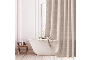 GGAIMWF Farmhouse Plaid Shower Curtain - Boho Checkered Splicing Fabric Shower Curtains for Bathroom, Vintage Chic Cottagecore Thick Bathroom Curtain Set with Tassel - Bohemian Cloth Shower Curtain 72x72, Tan