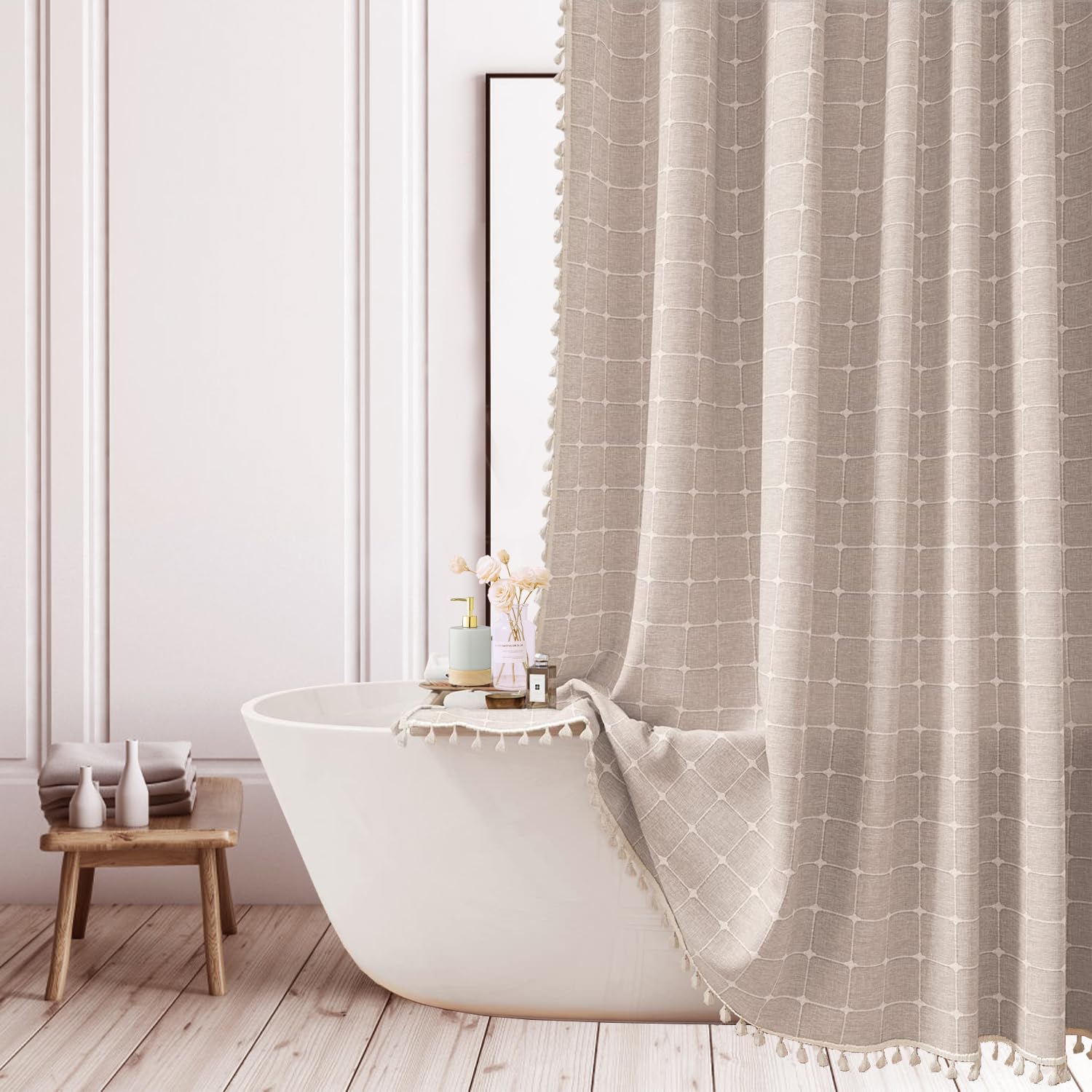 ggaimwf Farmhouse Brown Shower Curtain Bohemian Shower Curtain for Bathroom Rustic Polyester Linen Fabric Thick Bathroom Curtain Set with Tassels 72x72 Inch