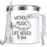Lifecapido Music Teacher Gifts, Without Music Life Would B Flat Coffee Mug, Music Teacher Appreciation Gifts for Music Teacher Music Lover Musicians, 14Oz Stainless Steel Coffee Mug with Lid, White