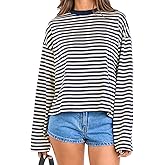 Striped Long Sleeve Shirt Women Oversized Sweatshirt Baggy Tee Shirts Crewneck Pullover Y2K Tops