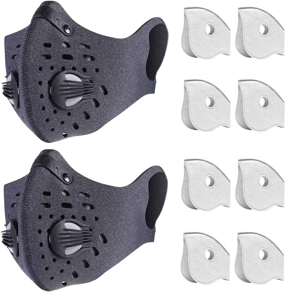 Dust Mask Anti Pollution Respirator PM2.5 Dustproof Safety Mask Washable and Reusable with 8 Carbon N99 Filters for Pollen Allergy Woodworking Mowing Running Outdoor Activities, 2 Packs (Gray)