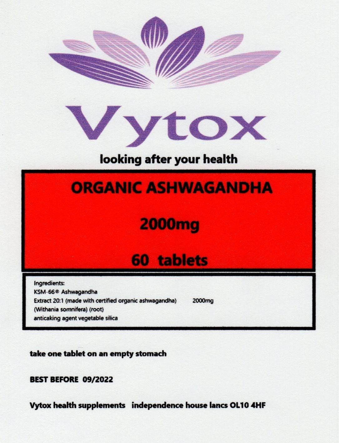Ashwagandha (Organic) 2000mg 60 High Strength Vegetarian Tablets Relax Calm. 2 Months Supply. by Vytox