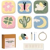 Kukovaya Punch Needle Kit for Beginners & Adults; Complete DIY Embroidery 6-Coaster Kit with Printed Fabric, Yarn, Needle, Hoop & Guide Easy Craft Kit for Home Decor, Gifts & Stress Relief