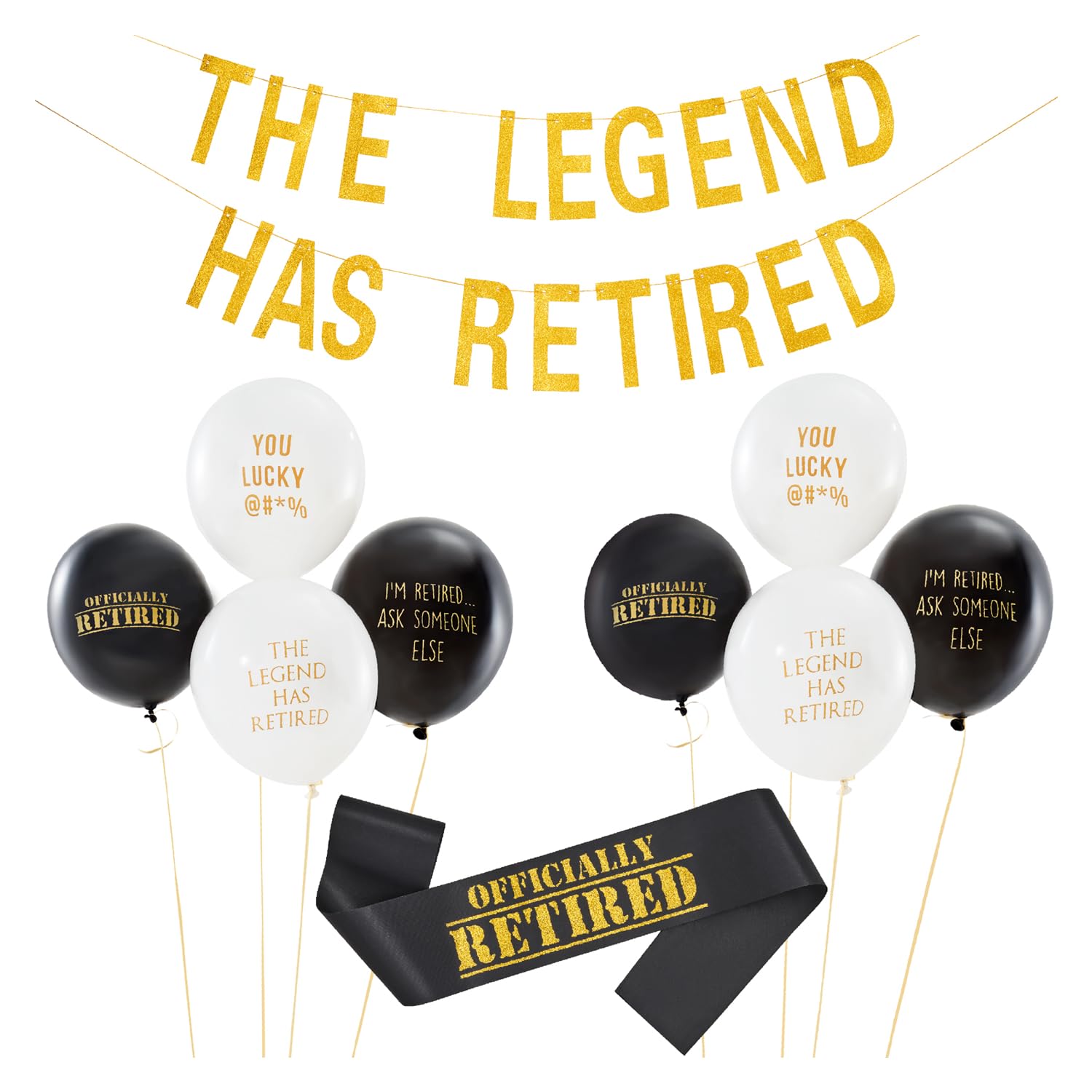 The Legend Has Retired Party Bundle with Banner, Sash & 8 Pack of Funny Balloons