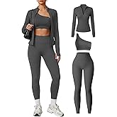 Coume Women 3 Piece Seamless Workout Set Gym Yoga Sports Bra High Waisted Leggings Zip Up Jacket with Thumbhole Activewear