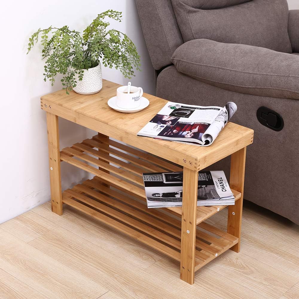 KKTONER Bamboo Shoe Rack Bench 3 Tier Entryway Seat Shoe Organizer Storage Shelf Natural Color: Kitchen & Dining
