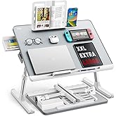 Laptop tray, SAIJI 60*45cm Table lap for bed, Multi-purpose Premium Lapdesk, Height Angle adjustable, with Book Stand, Drawer, Tablet slot, for Eating, Working, Writing, Gaming, Drawing (Light Grey)