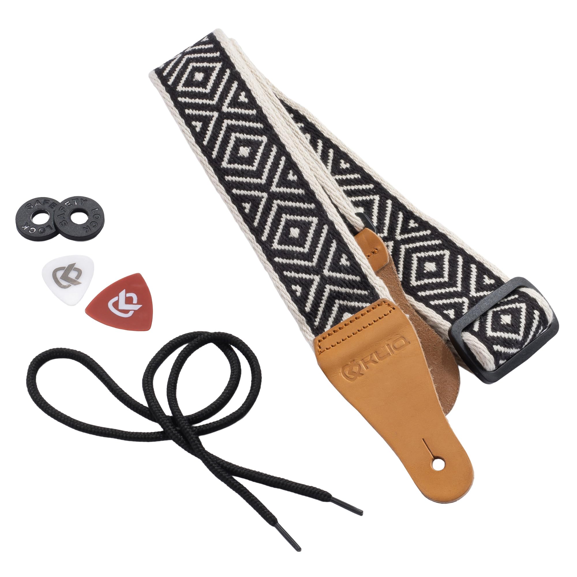 KLIQ Vintage Woven Guitar Strap for Acoustic and Electric Guitars | '60s Jacquard Weave Hootenanny Style | 2 Rubber Strap Locks Included (Simple Woven, Black Izod)
