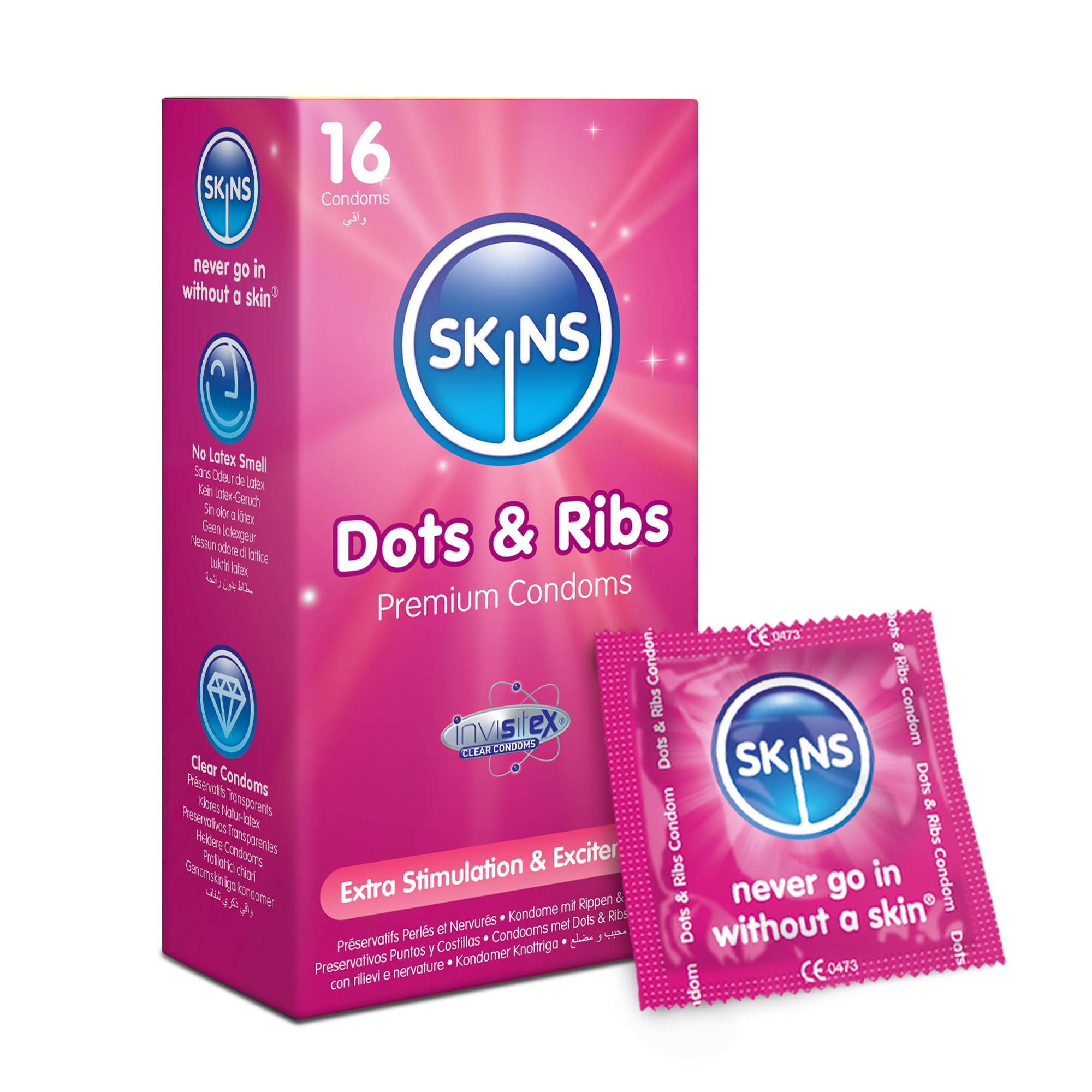 Skins Dots & Ribs Condoms 16 Pack - Ribbed and Dotted Condoms for Men - Thin Feel, Extra Lubricated & Clear - Long-Lasting Bulk for Men with Maximum Texture & Comfort