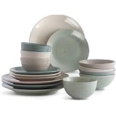 Sango Siterra Artist's Blend 16-Piece Stoneware Dinnerware Set for 4, Green, Cream &amp; White Glossy Dishes with Speckles, Ceramic Plates and Bowls Sets for Everyday Dining, Microwave &amp; Dishwasher Safe