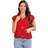 Women's Sleeveless Casual Cropped Chunky Knit Cardigan Button Down Crochet Sweater Vest Tops with Pockets Red