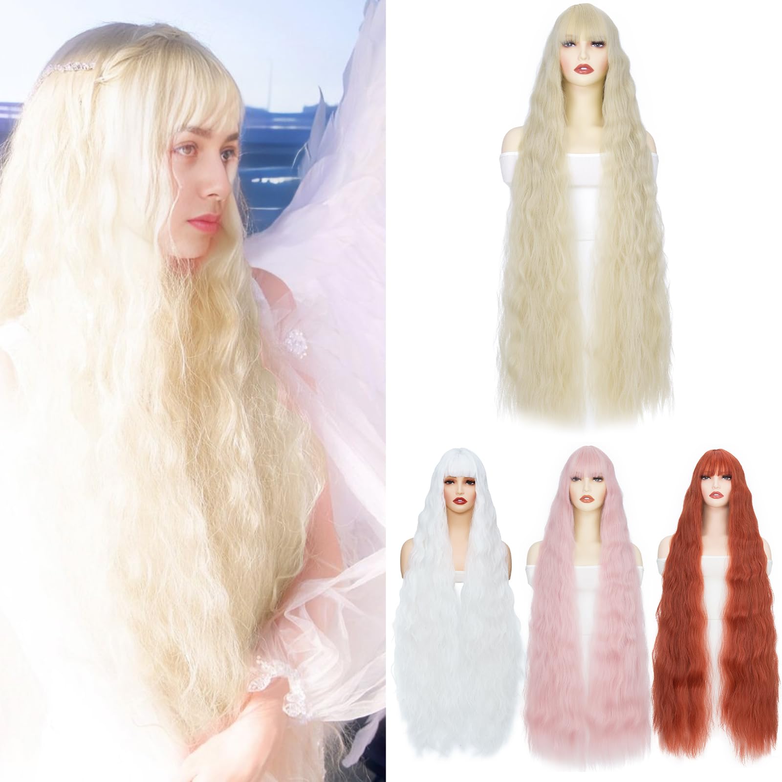 BUYOGET Rapunzel Wigs for Women Blonde Wig 40"/100cm Long Wavy Curly Wig with Fringe for Halloween โ image 1