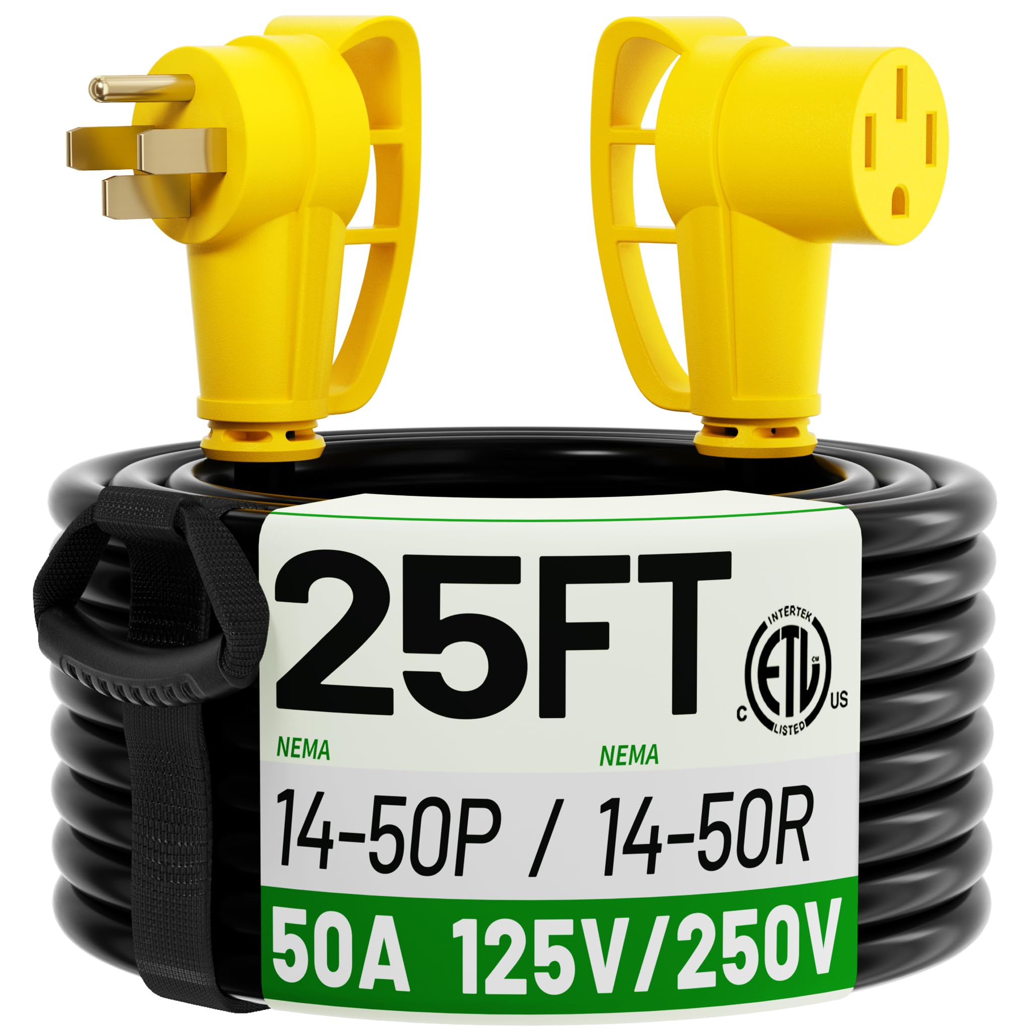 Photo 1 of POWGRN NEMA 14-50P to NEMA 14-50R 50 Amp RV/EV Extension Cord 25 FT Outdoor with Grip Handle, Flexible Heavy Duty RV Power Cord Waterproof, 50A 125/250V 6250/12500W STW, Black-Yellow, ETL Listed