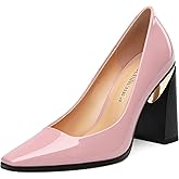 Heisnemca Womens High Heels,Patent Closed Square Toe Slip on Chunky Block Pumps,Elegant Heels,Daily Wedding Party Dress Shoes 3.5IN