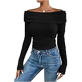 SOLY HUX Women's Off The Shoulder T Shirt Long Sleeve Ruched Fitted Tee Fall Going Out Tops