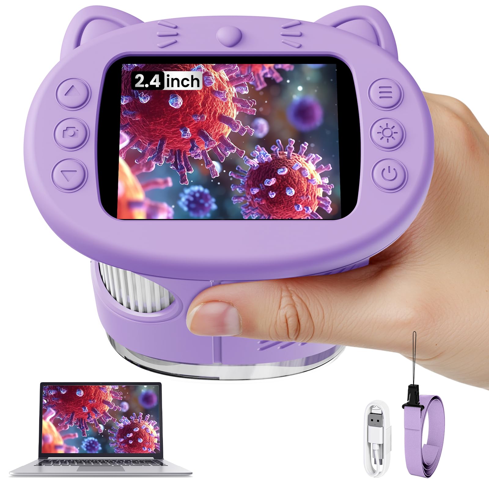 Vorth Microscope for Kids, 2.4 Inch Digital Microscope with 1000X Magnification, Handheld Camera Mini Pocket Magnifying Glass, Educational Christmas Birthday Gifts Toys for Ages 3+, Purple