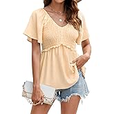 HEYTALALA Women's Summer Peplum Tops Ruffle Trim Short Sleeve Casual V Neck Smocked Blouses Dressy Shirt
