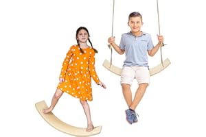 OUTREE Wooden Swing & Balance Board Kids, Wodden Balance Board with Smooth Edges, Height Adjustable Wood Swing Outdoor, Open-Ended Learning Toys Both for Kids and Adult