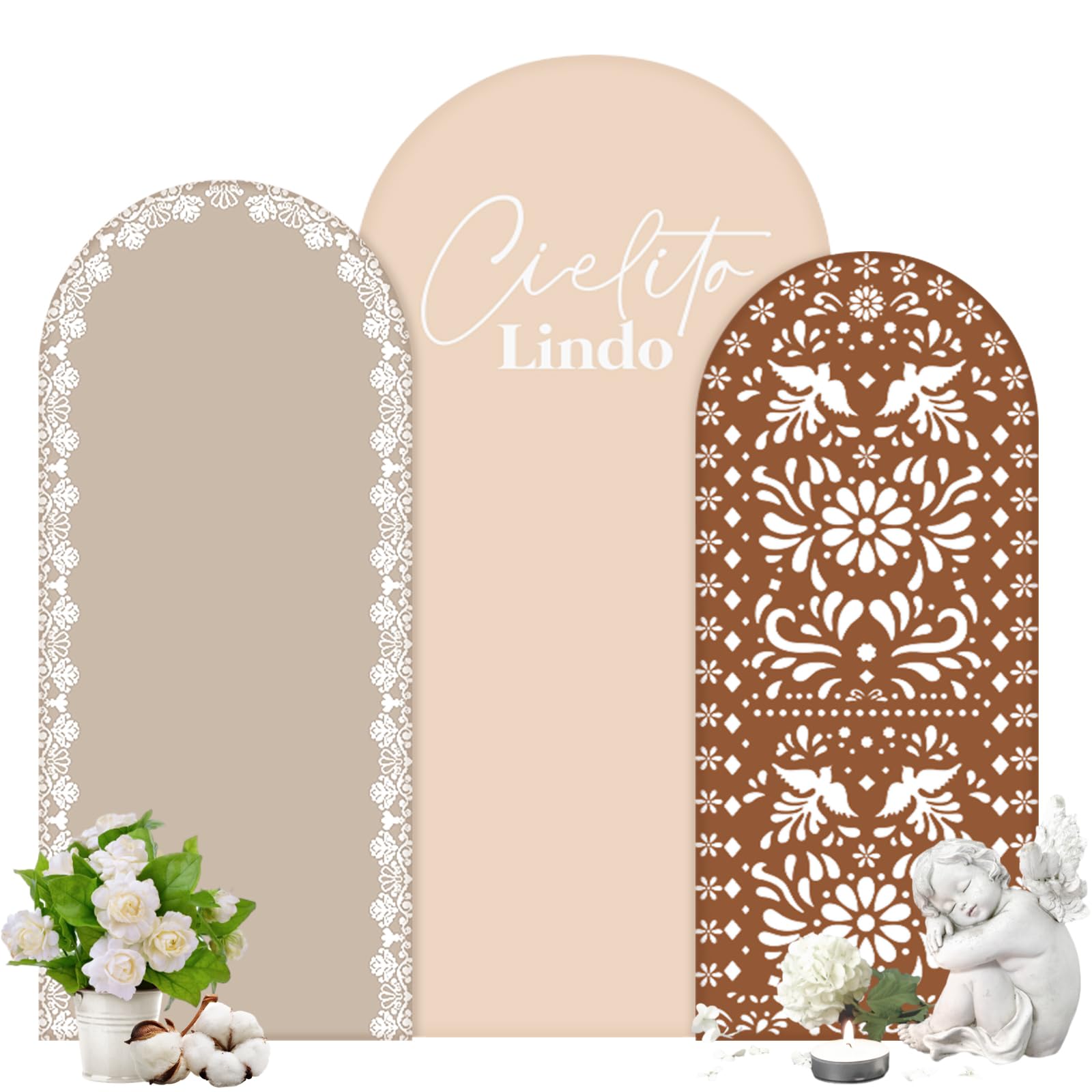 Photo 1 of Chunful 3 Pcs Mexican Arch Backdrop Cover Baby Shower Photo Background Decor 2-Sided Round Top Vintage Backdrop Arch Cover for Mexican Wedding Birthday Fiesta Party Decoration(Brown)