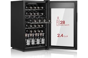 FOHERE 28 Bottle Wine Cooler Fridge, Compact Freestanding Wine Cellar with Adjustable Temperature Control & Quiet Cooling, Vibration-Free Double Glass Door Wine Refrigerator for Home Bar Office