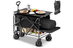 NLDD Double Decker Wagon Collapsible with Table - Sports Wagons Carts Foldable with Extender, 500LBS Heavy Duty Utility Lounge Wagon with Brakes, 400L Larger Capacity for Camping,Beach,Garden,Grocery