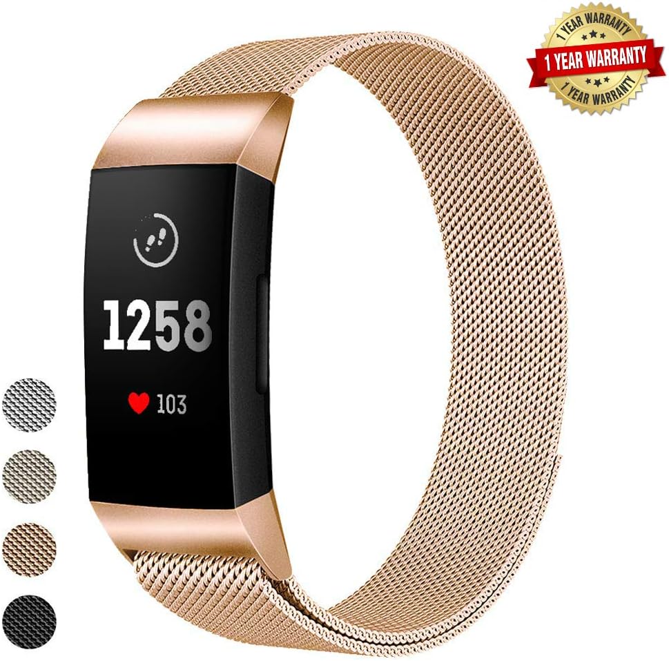 Yikee Metal Bands Compatible for Fitbit Charge 3 / Charge 3 SE for Women Men. Replacement Breathable Stainless Steel Accessory Classic Watch Wristbands Small Large Sport Band (Rosegold, S)