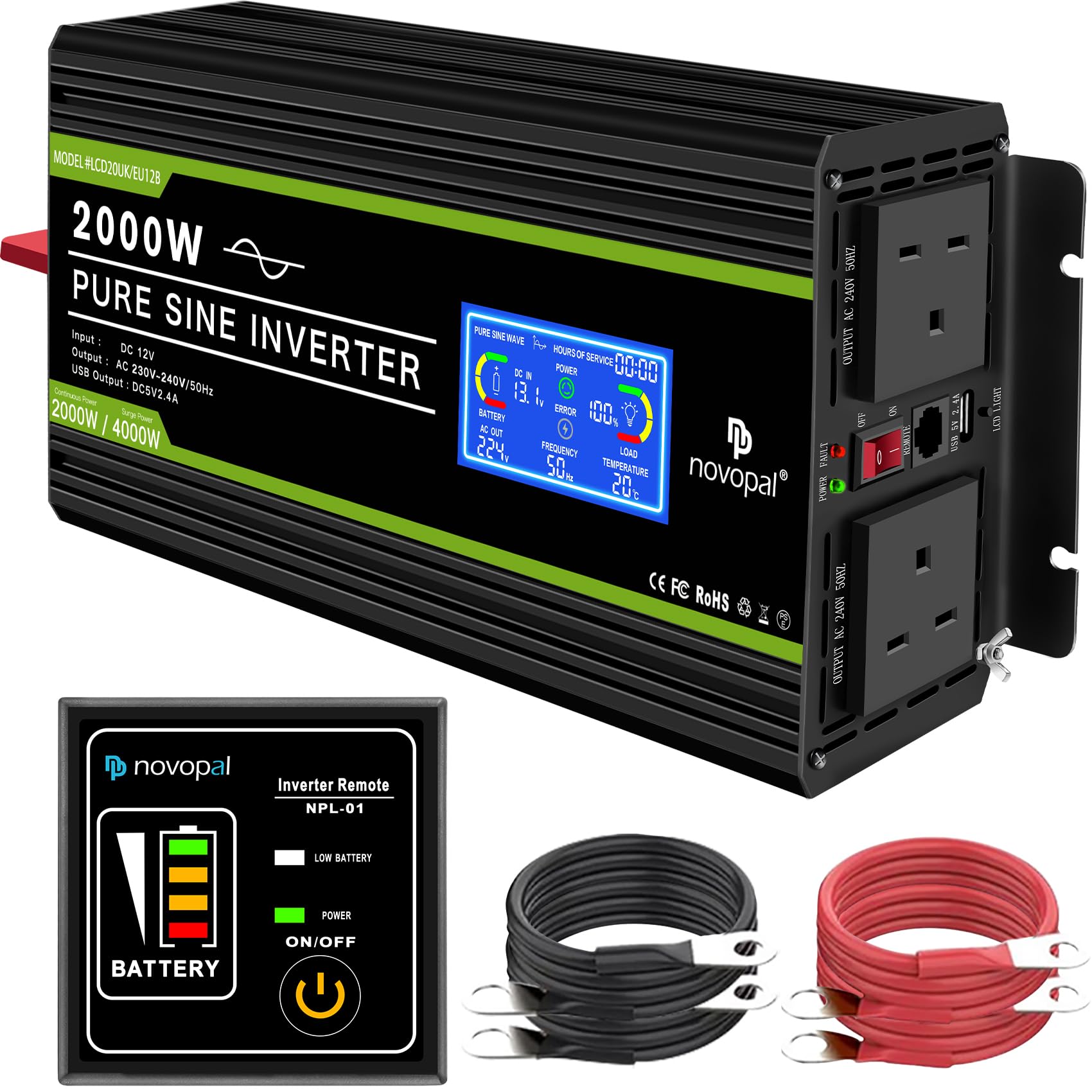 Novopal 2000W Pure Sine Wave Inverter 12V to 230V 240V Car Converter Power Inverter with LCD Display 2AC Outlets and USB Port,Remote Control for Motorhomes,Truck,Boat,Camping,Household,Van