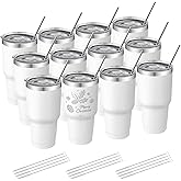 YOUKE OLA 12 Pack Insulated Tumbler Powder Coated Stainless Steel Double Wall Vacuum Travel Coffee Tumbler Cup with Lid and Straw for Laser Engrave DIY Gift 30oz White