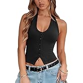 zhaistar Women's Halter Tank Top Ribbed Button Down V Neck Backless Slim Fit Vest Shirts Sexy Crop Going Out Tops