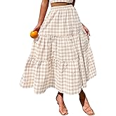ebossy Women's Candy Color Slim Fit Elastic High Waist Plaid Gingham Tiered Flowy Boho Maxi Skirts with Pockets