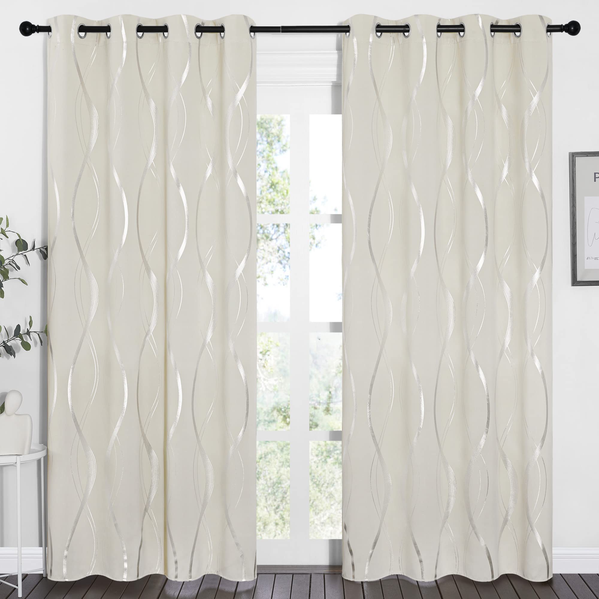 PONY DANCE Thermal Door Curtains 84 Inch Drop - Blackout Energy Saving Silver Wave Line Foil Printed Black out Curtains with Eyelet Window Drapes for Living Room, 52 Inch Wide, Light Beige, 2 Panels