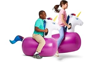 Hearthsong Hop N Go Inflatable Unicorn Riding Bouncy Hopping Toys for Kids Ages 5+ - Ride On Bouncer Animal Hopper Jumping Toys for Outdoor Games (2 Pack)