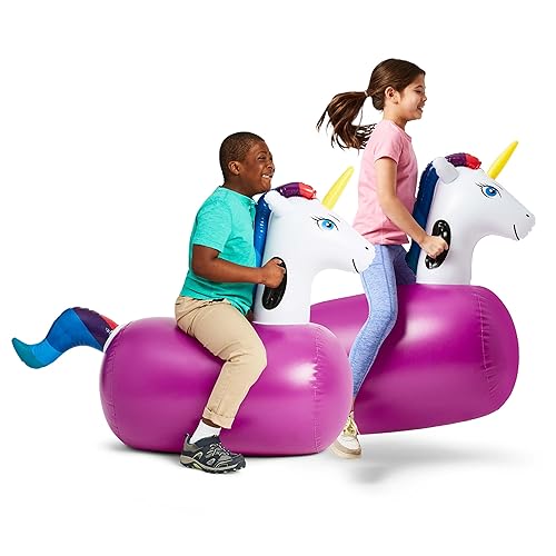 Hearthsong Hop N Go Inflatable Unicorn Riding Bouncy Hopping Toys for Kids  Ages 5+ Ride On Bouncer Animal Hopper Jumping Toys for Outdoor Games (2 