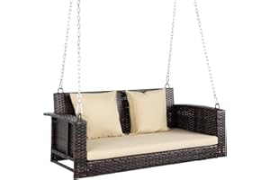 VINGLI Heavy Duty 800 LBS Rattan Porch Swing Outdoor with Cushions & Adjustable Chains, 4FT Patio Wicker Swing Bench for Garden, Yard, Lawn, Tree (Brown Rattan)