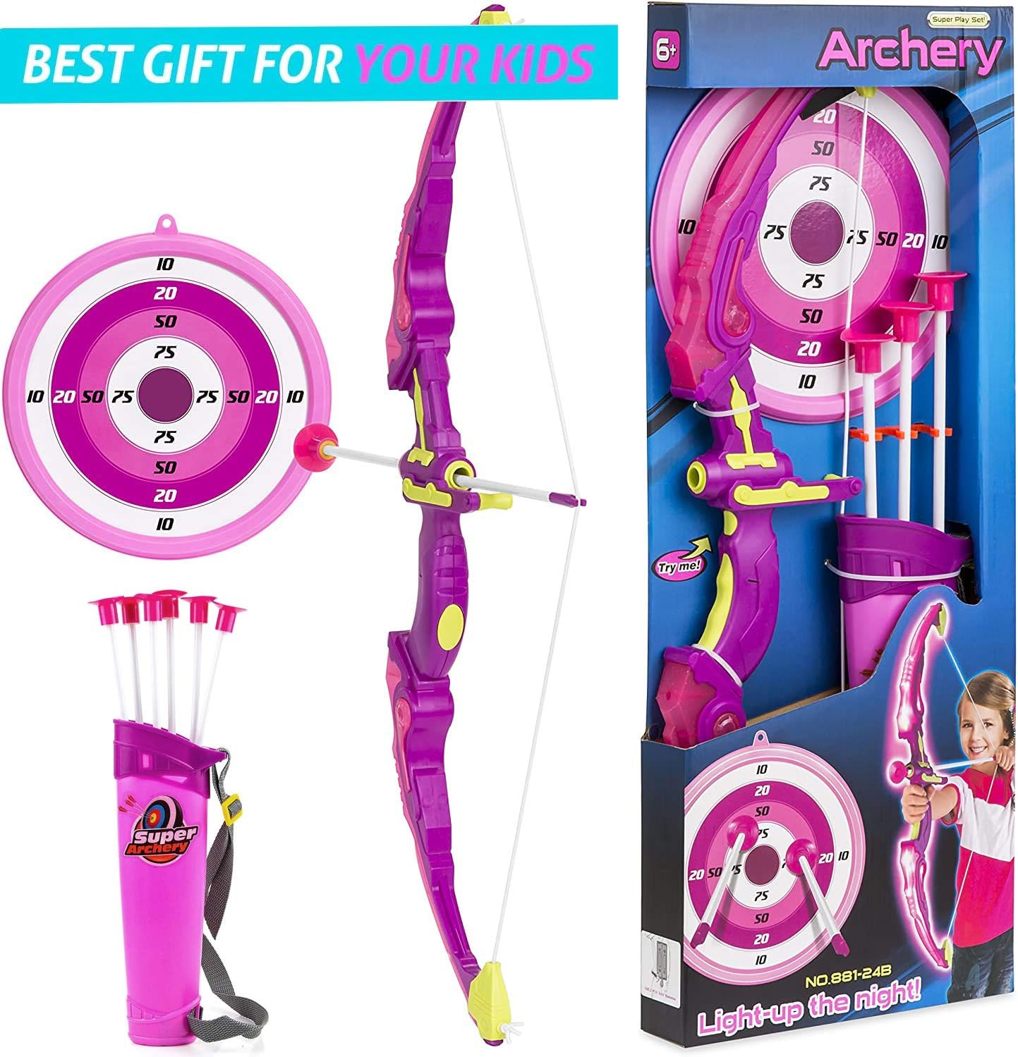Liberty Imports Light Up Princess Archery Bow and Arrow Toy Set for Girls with 6 Suction Cup Arrows, Target, and Quiver (Pink): Toys & Games
