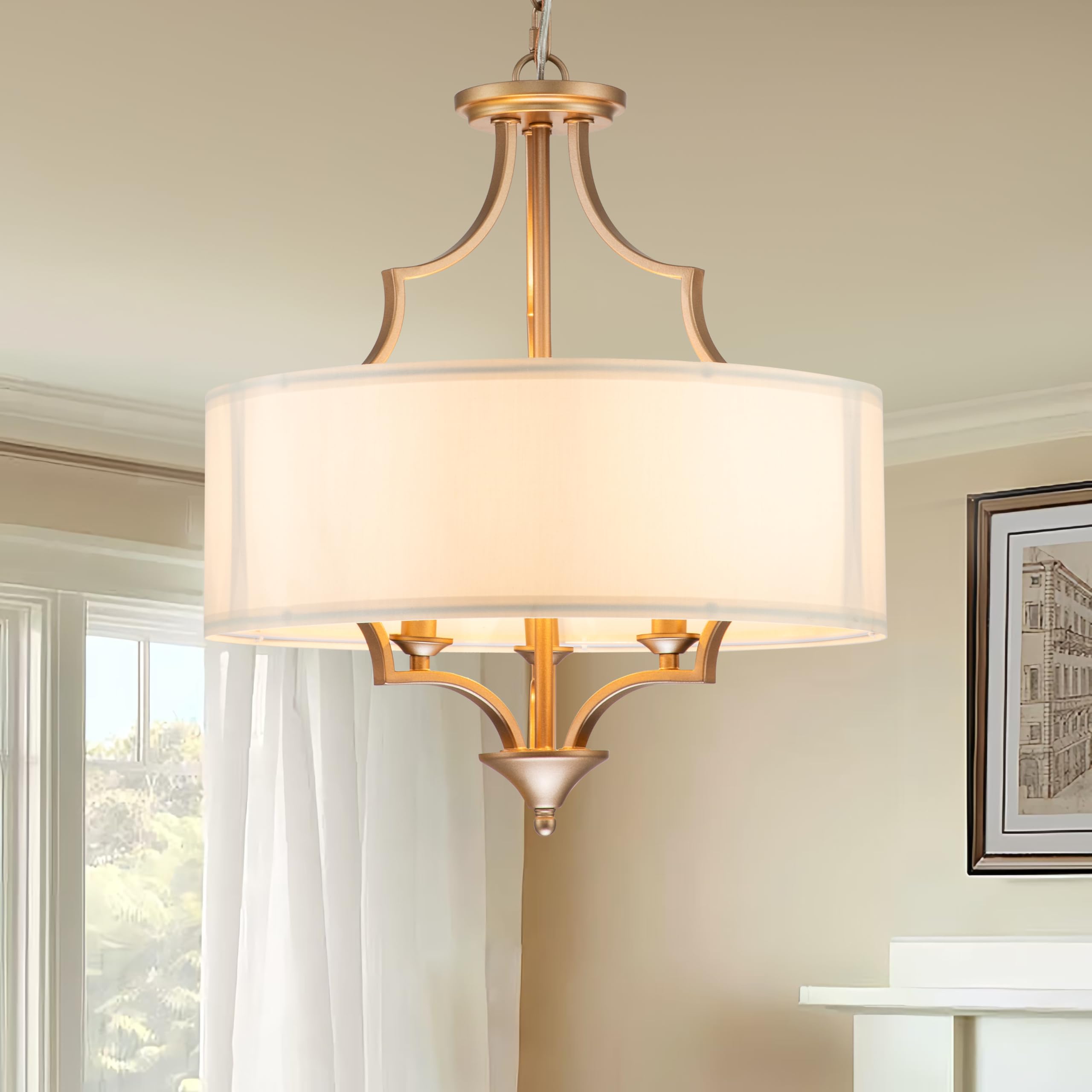Photo 1 of **missig parts**HUOKU Drum Chandeliers for Dining Room 3-Light Modern Gold Drum Chandelier with Fabric Shade, 17" Rustic Drum Hanging Pendant Light Fixture for Living Room, Bedroom, Kitchen