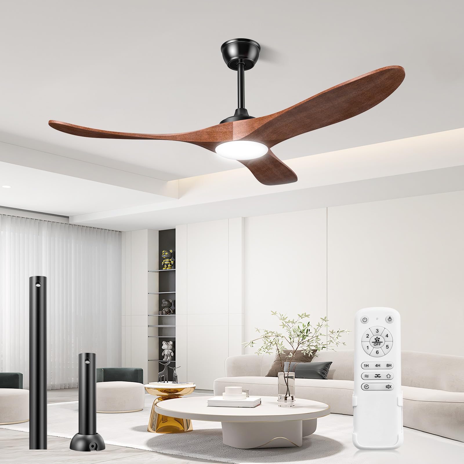 Photo 1 of ** FACTORY SEALED ** JOYEYE Ceiling Fans with Lights and Remote, 3 Solid Wood Blades, Outdoor Wooden Ceiling Fan with 2 Downrods for Patios, 52 Inch Modern Ceiling Fan with Noiseless Reversible DC Motor
