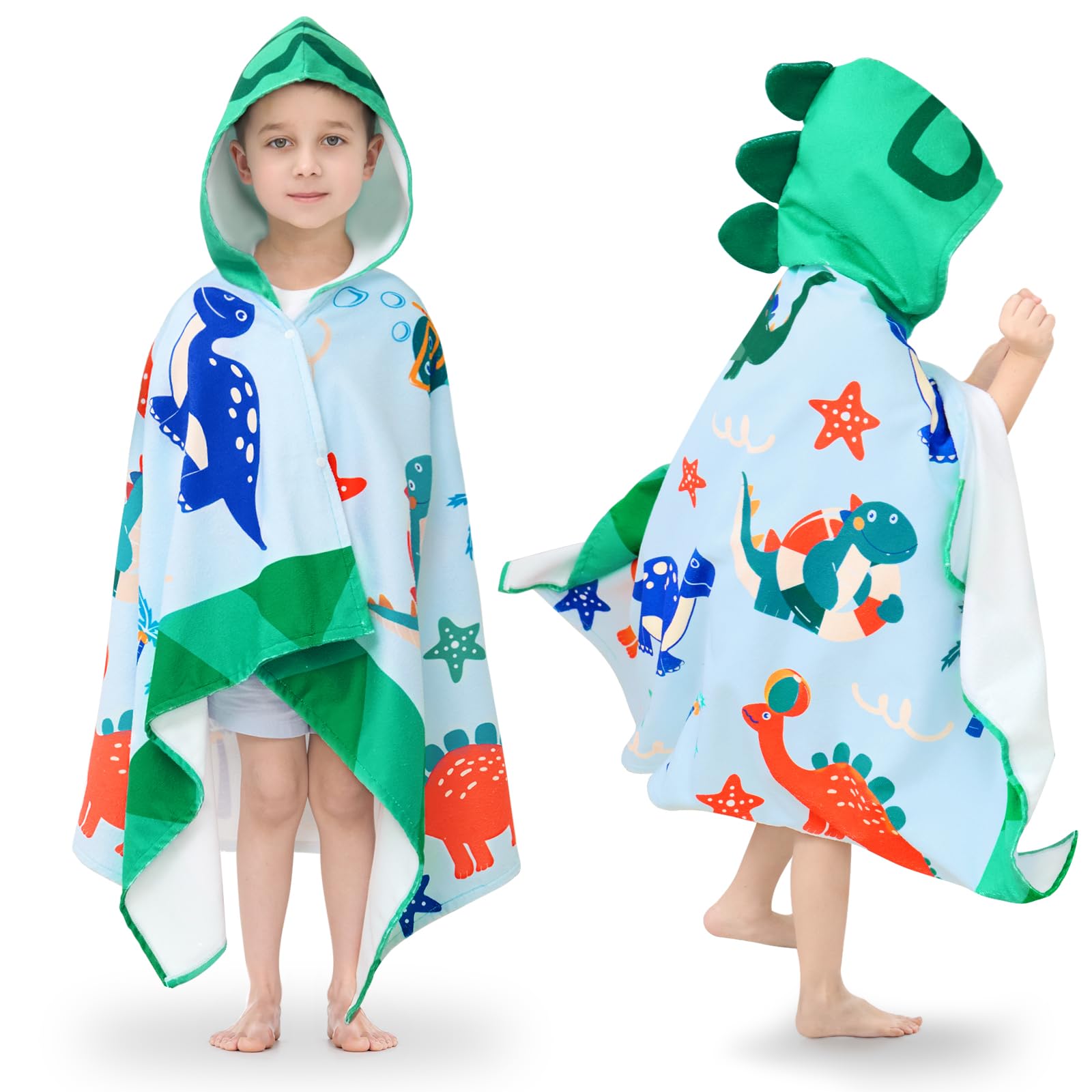 Photo 1 of UOMNY Kids Beach Towels-Hooded Towels for Kids,Kids Hooded Bath Towel 30" x 50" for 3-10 Years,Pool Ponchos for Kids with Hood,Boys Beach Towel,Green Dinosaur