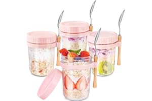 HomArtist Glass Overnight Oats Containers with Lids and Spoon, 16oz Wide Mouth Mason Jars for Overnight Oats, Cereal, Yogurt, Salad Lunch Container with Measurement Marks - Pink 4 Pack