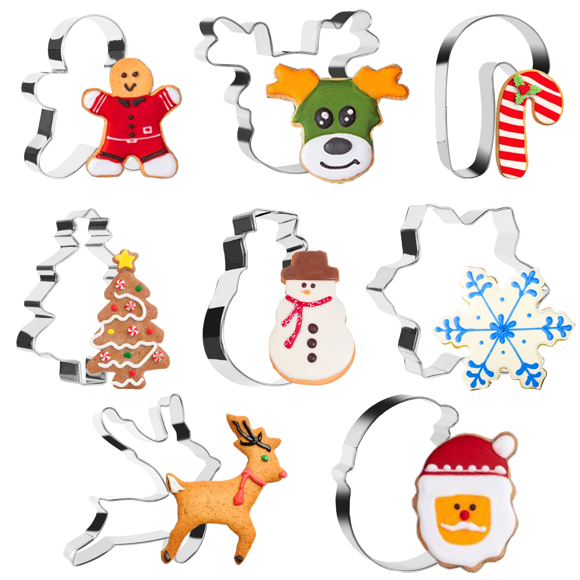 Christmas Cookie Cutter, Set 8 Christmas Biscuit Cutter - Santa, Snowflake, Christmas Tree, Reindeer, Gingerbread Man, Snowman, Candy Cane, Stainless Steel Xmas Cutter for Kids Baking