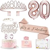 80th Birthday Gifts Decorations for Women, Including 80 year old Birthday Cake Topper, Queen Sash with Pearl Pin, Sweet Rhinestone Tiara Crown, Number Candles and Balloons Set, Rose Gold