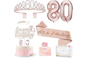 8pcs 80th Birthday Decorations for Women, Including 80 Birthday Cake Topper, Birthday Queen Sash with Pearl Pin, Sweet Rhines