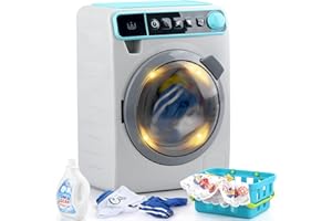 Kids Toy Washing Machine, Realistic Pretend Play Appliance for Girls, Interactive Toy Dollhouse Furniture, Play Washer and Dryer Playset with Spinning Drum, Light & Sound Effects, Laundry Basket Set
