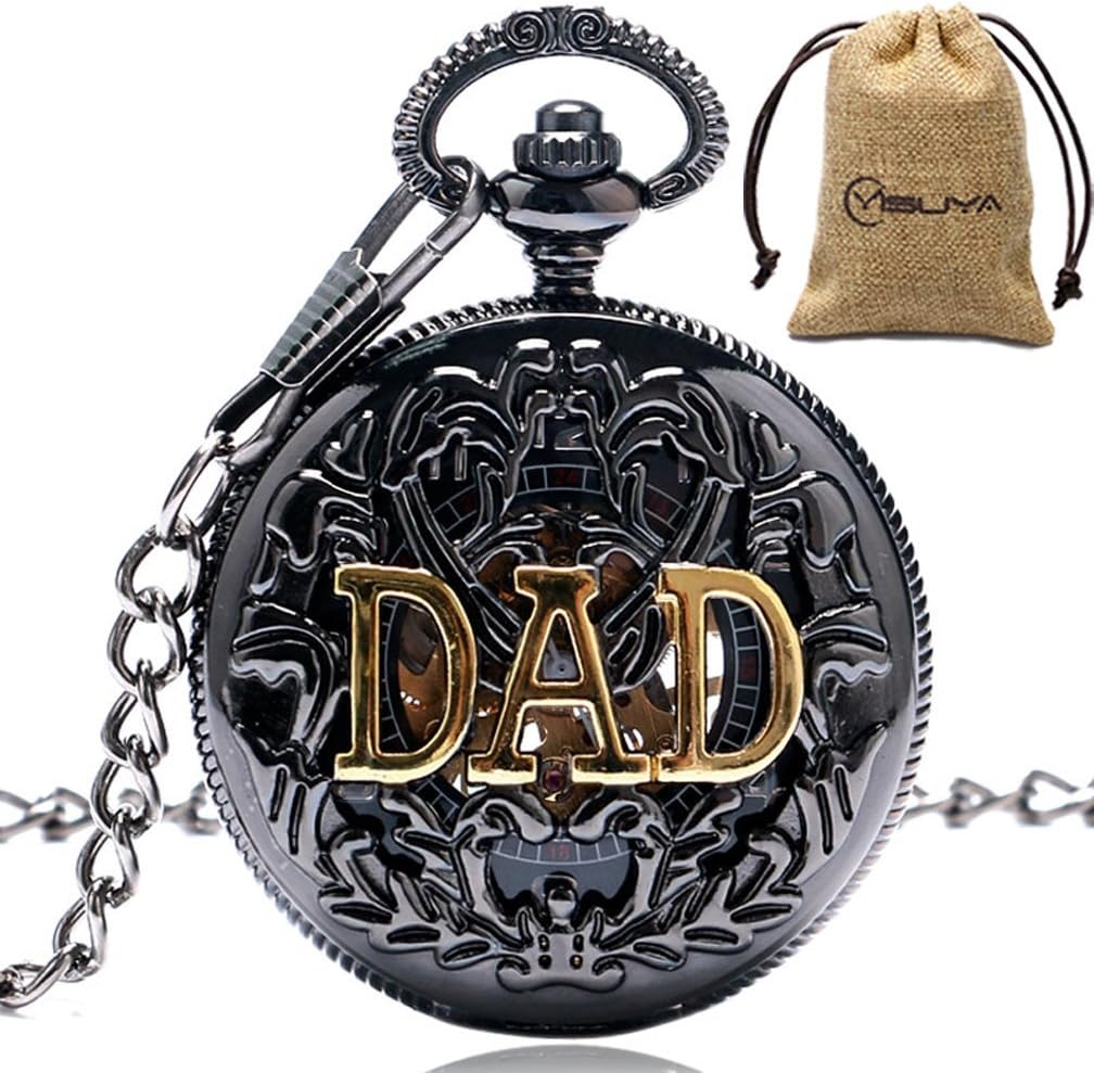 MILIYAMens Vintage Dad Father Gift Hollow Mechanical Hand Wind Pocket Watch with Chain Xmas Gifts