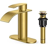 FORIOUS Brushed Gold Bathroom Faucet One Hole, Waterfall Single Handle Bathroom Faucet for 1 or 3 Hole Sink with Metal Pop up Drain, Deck Plate, cUPC Hoses for Vanity, Rv Sink