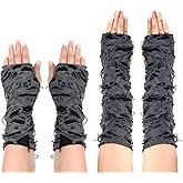 2 Pairs Punk Fingerless Gloves Broken Slit Arm Warmers Ripped Gothic Gloves for Women Men Goth Rock Halloween Costume