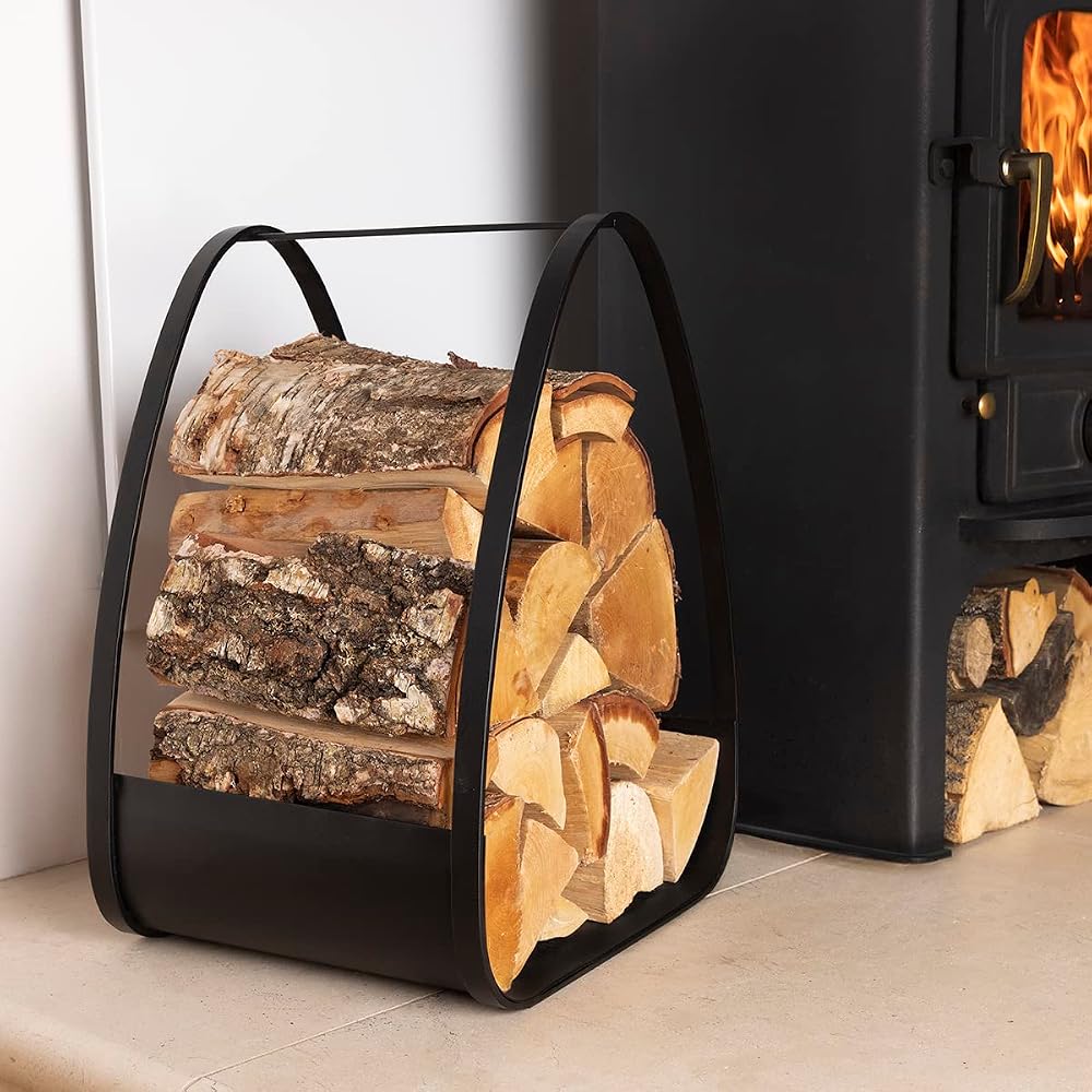 Charles Bentley Log Holder Black Matte Iron Larch Fireplace Wood Storage 6KG