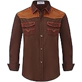EDFTM Boy's Western Cowboy Shirt Embroidered Long Sleeve Regular Fit Casual Cotton Button Down Hippie Shirts with Pockets